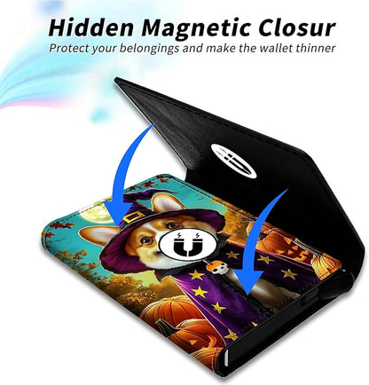 Minimalist Wallet for Men's Card Holders, Pop-Up Card Case Durable Wallets for Women, Leather Automatic Credit Card Holder with Metal Money Clip RFID Blocking Bifold Pocket, Purple Clad Dog