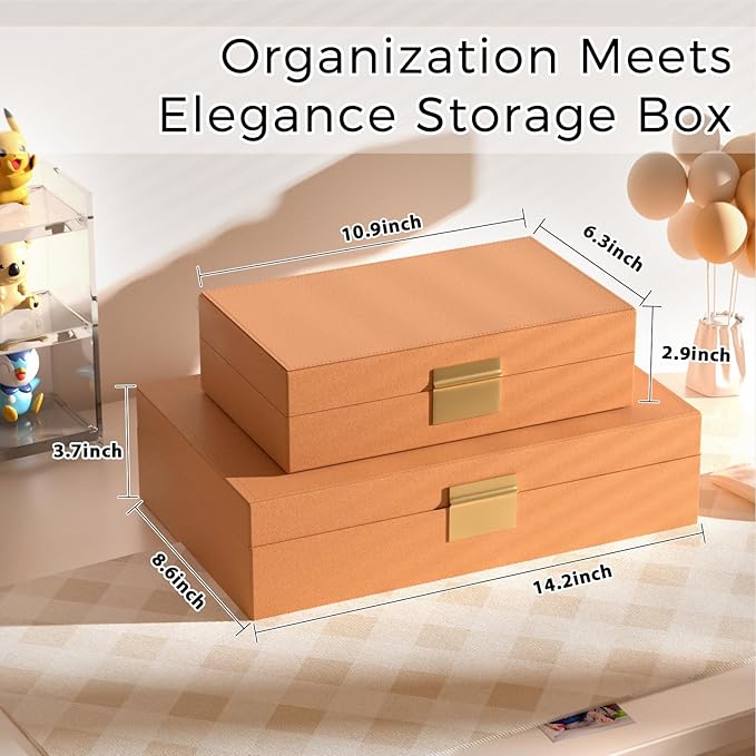 Decorative Storage Boxes Set of 2 - Multi-Purpose Beautiful PU Leather Organizer Bins for Your Home Decor - Decorative Containers with Lids Store Photos, Documents, Memory Box Keepsakes (Brown)