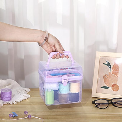 BTSKY Multipurpose Plastic Craft Storage Containers with Removable Tray, Clear Plastic Storage Box with Lid & Handle, Easy Carry & Stack Small Storage Container, 6.3x5.6x6.3 Inch, Square-Purple