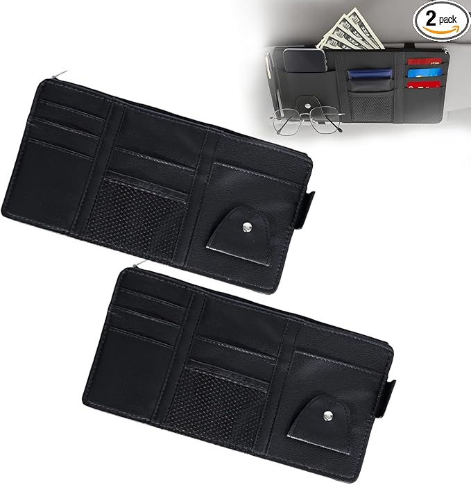 2 PCS Car Visor Organizer, Sunglasses Holder for Car Sun Visor, Leather Sunvisor Organizers with Sunglass Holder & Card Sleeve Pocket, Vehicle Accessories for Most Vehicle, Black