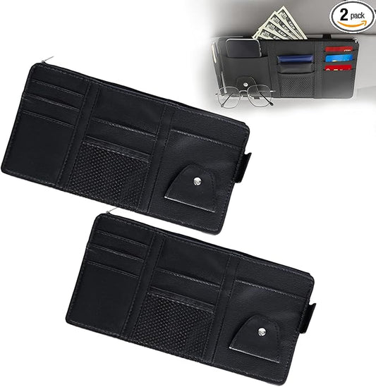 2 PCS Car Visor Organizer, Sunglasses Holder for Car Sun Visor, Leather Sunvisor Organizers with Sunglass Holder & Card Sleeve Pocket, Vehicle Accessories for Most Vehicle, Black
