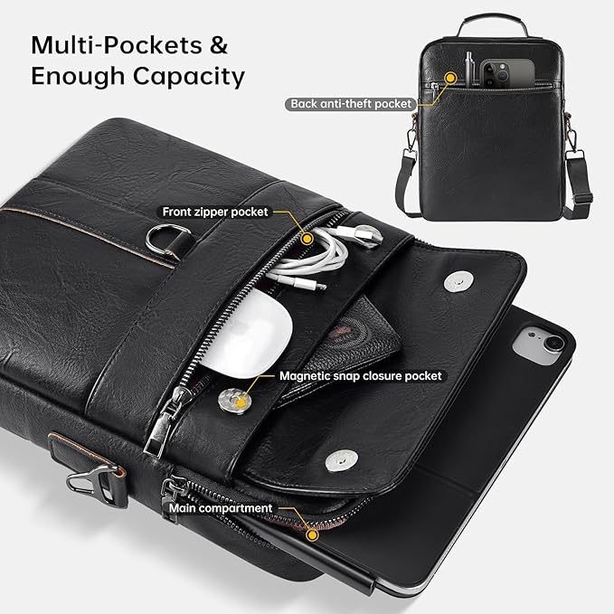 13 Inch Laptop Leather Sleeve for 2026-2022 MacBook Air 13 M5 M4 M3 M2 A3449 A3240 A3113 A2681, 13" MacBook Neo A18, Protective Carrying Bag Shoulder Travel Case with Pockets, Black