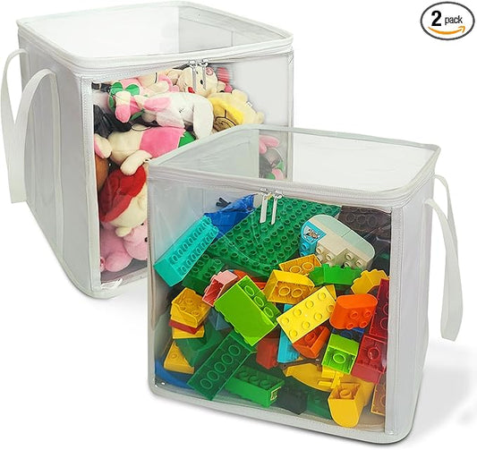 holay 2 Pack Foldable PVC Storage Bins with Transparent Lid & Handles, Large 12-Inch Cube Organizer Boxes for Clothes, Toys & Books (White, Large)