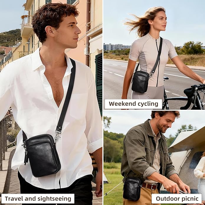 Augus Leather Messenger Crossbody Shoulder Bag for Men Work Business Casual Adjustable Straps (Black-1)