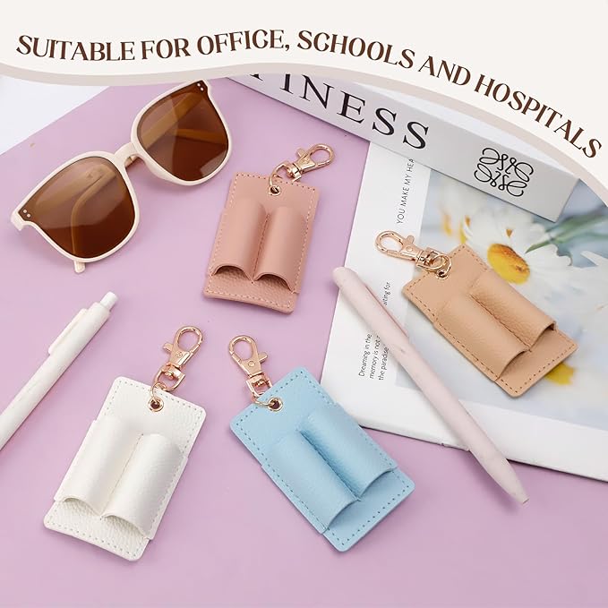 4PCS Double Hole Pen Holder for Lanyard, Anti-Lost PU Leather Lanyard Pen Clip for Badge Keychain, Pocket Pencil Pen Keychain for Nurses Courier Clerk Office (Pink Beige White Blue)