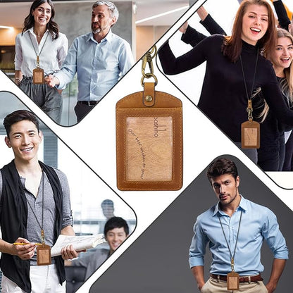 Badge Holder: Boshiho Cowhide Leather ID Badge Card Holder with 19" Neck Lanyard, Vertical Style (Light Brown)