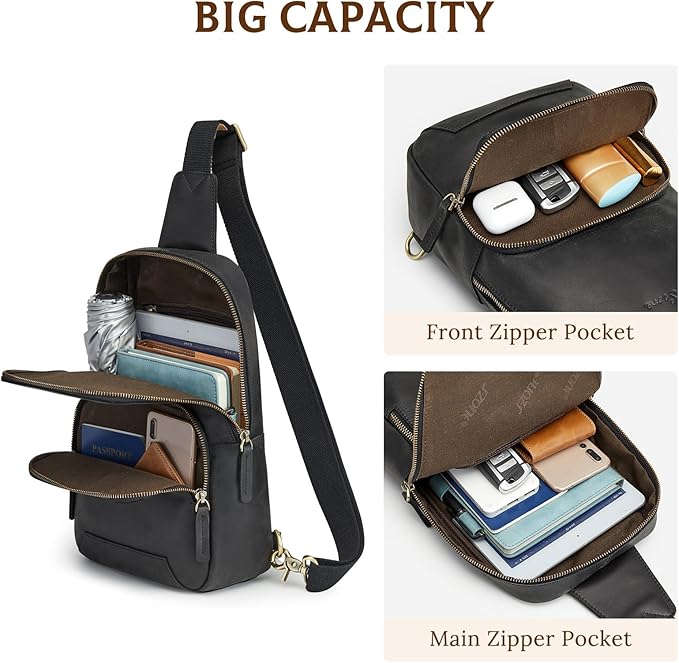 S-ZONE Sling Bag for Men Women RFID Blocking Genuine Leather Crossbody Shoulder Bag Backpack Hiking Daypack Travel | RFID Blocking, Genuine Leather, Hiking Daypack, Travel