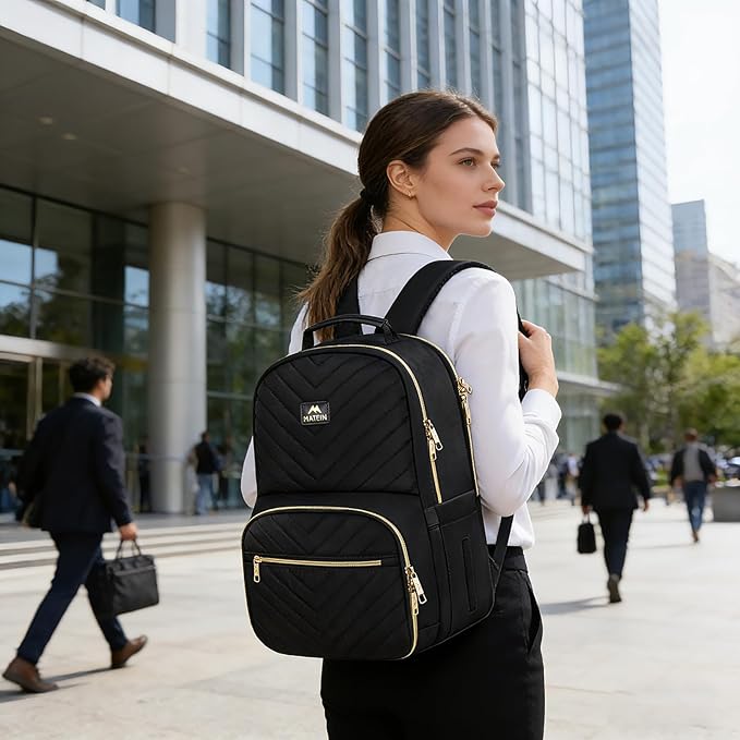 MATEIN Work Backpack with Lunch Compartment, Insulated Quilted Lunch Backpack for Women, Water Resistant Lunchbox Back Pack for Nurse, 15.6 Inch Teacher Work Bag for Office Business Commuting, Black
