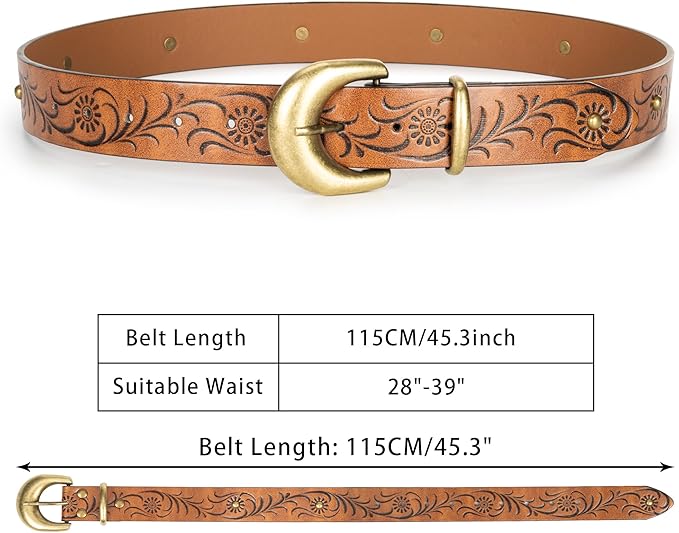 INOGIH Adjustable-Vintage-Western-Cowboy-Belt Women Men - Cowboy-Style Engraved-Buckle Belt for Jeans Pants Dresses