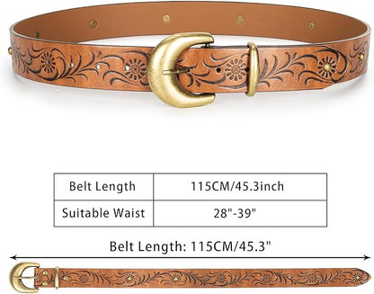 INOGIH Adjustable-Vintage-Western-Cowboy-Belt Women Men - Cowboy-Style Engraved-Buckle Belt for Jeans Pants Dresses