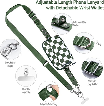 Tiostep Clip and Go Strap for Phone with Wallet Crossbody Phone Lanyard and Detachable Checkered Bag with ID Window and RFID Pouch for Daily Travel.