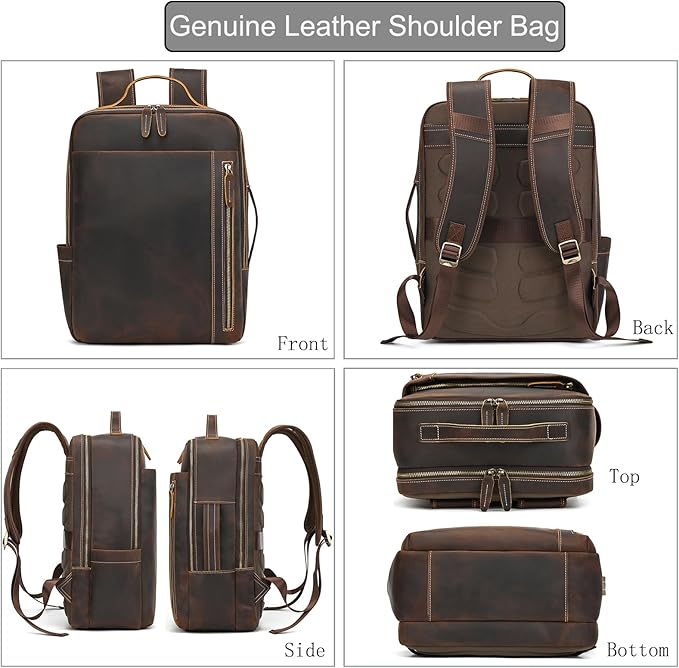 LUUFAN Genuine Leather Shoulder Bag for Men, Casual Backpack Laptop Rucksack Business Daypack Travel Outdoor Bag, Brown