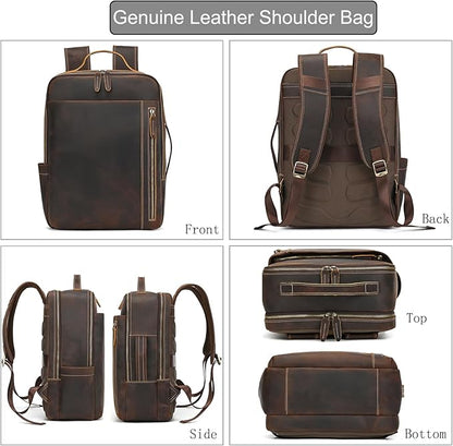 LUUFAN Genuine Leather Shoulder Bag for Men, Casual Backpack Laptop Rucksack Business Daypack Travel Outdoor Bag, Brown