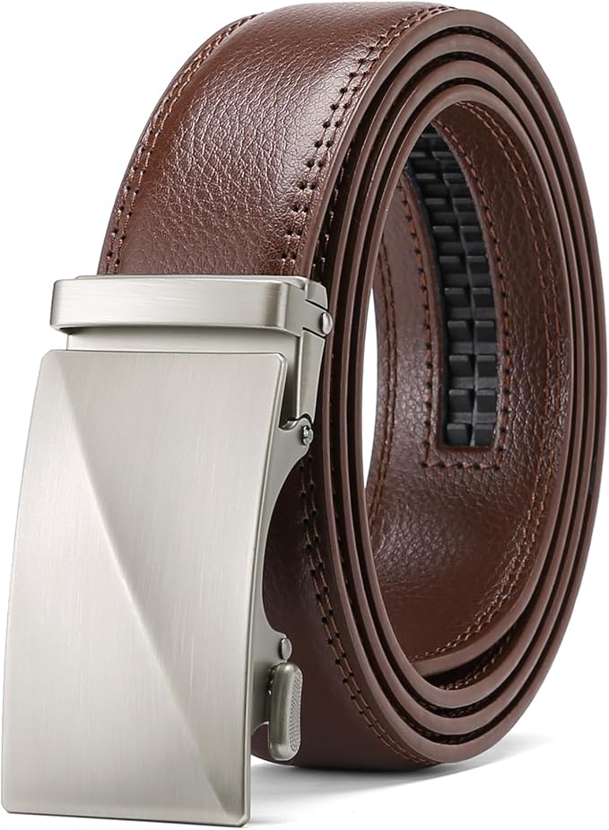 SENDEFN Men's Leather Belt Automatic Ratchet Buckle Slide Belt for Dress Casual Trim to Fit with Gift Box