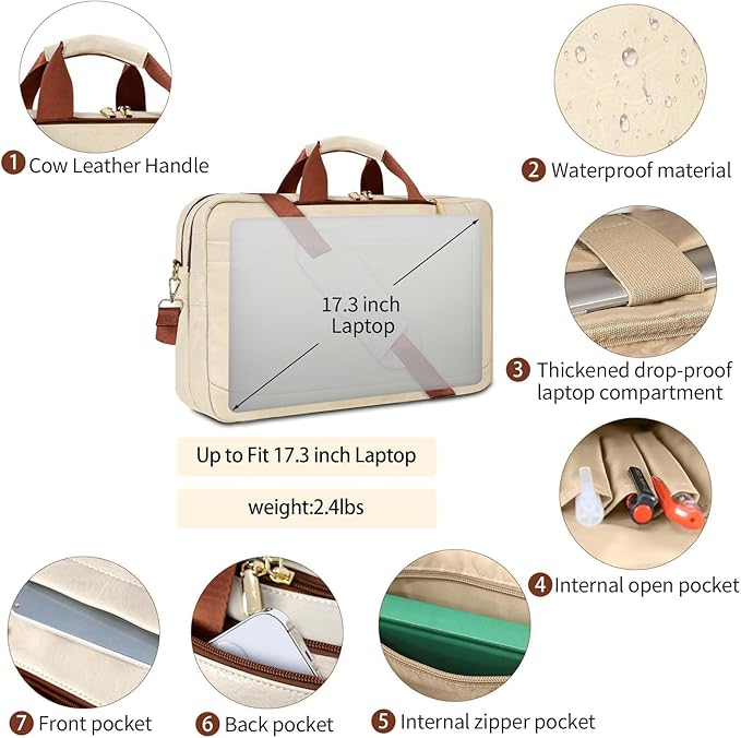 Stuery Faux Leather Messenger Bag for Men 17-17.3 Inch: Laptop Bag Briefcase Computer Handbags Shoulder Crossbody Bag with Padded Laptop Sleeve for Work College Travel, Beige White