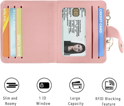Airkit Small Wallets Woman RFID Blocking Leather Credit Card Holder - with ID Window - Card Wallets for Women - with Zipper Coin Purse - Keychain Wallet