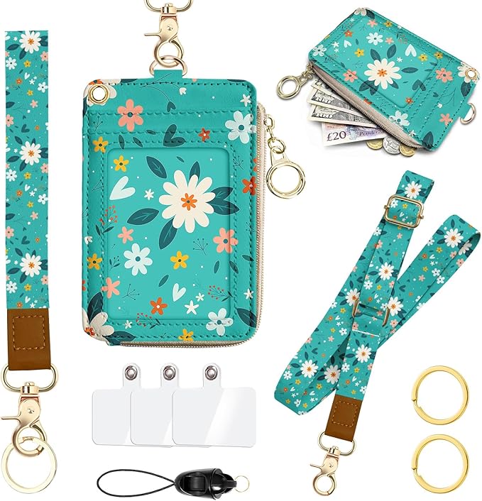 Lanyard Wallet, PU Leather Flower Lanyards for ID Badges, RFID Blocking, Detachable Phone Lanyard Keychain Wristlet Wallet, ID Badge Holder with Zipper Pocket for Office School Business