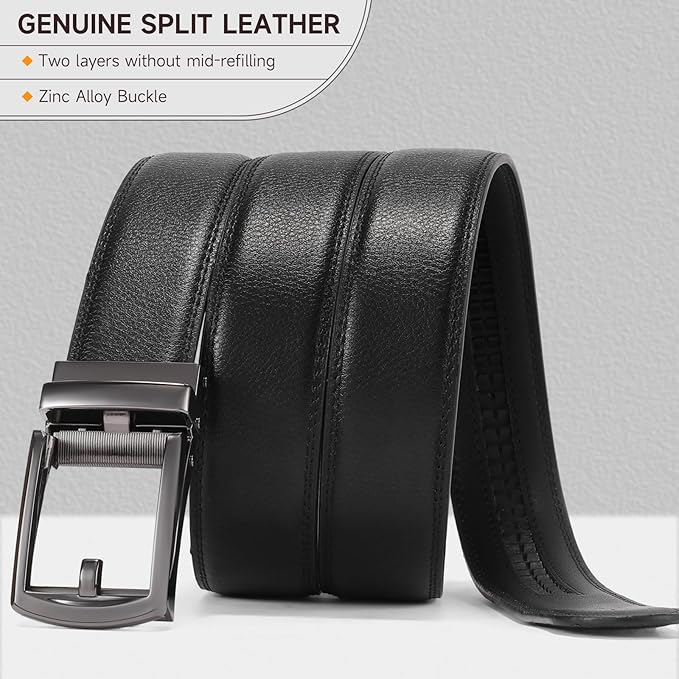 GAEKEAO Ratchet Belt for Men Genuine Leather 1 3/8" - Micro-Adjust Buckle Trim to Fit Dress Belt Casual to Formal Gift Boxed