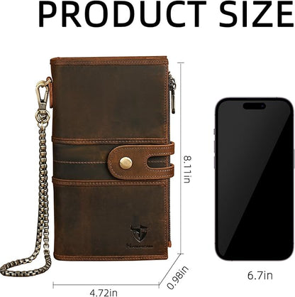 Genuine Crazy Horse Leather Travel Gift Coin Pocket Card Case Long Organizer Chain Rfid Wallet Purse With Snap For Men Male 1803 1815 (1815 Brown)