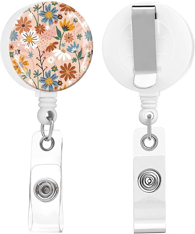 2 Pack Badge Reels Holder Retractable with ID Clip for Nurse Name Tag Card Nursing for Doctor Teacher Student Employee Office Medical Work (Hand Drawn Flower)