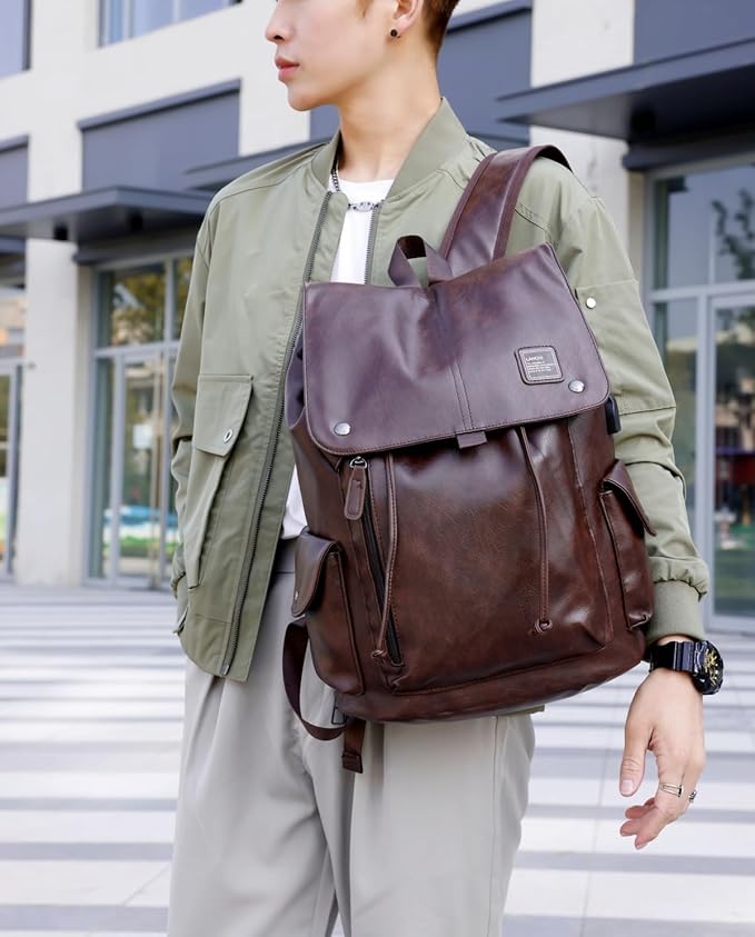 Soft leather backpack, casual PU backpack men women. USB charging port. Suitable for work, commuting, traveling, etc. Waterproof. (Brown)