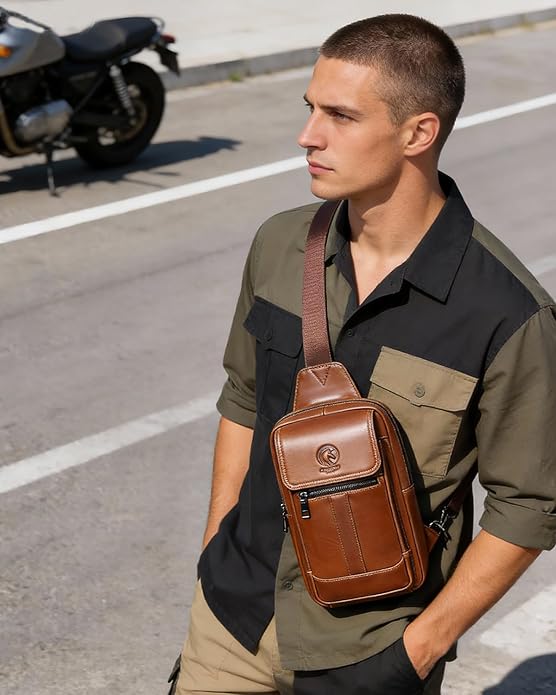 RAINBOW HORSE Brown Leather Chest Bag - Men's Genuine Leather Shoulder Pouch with Dual Front Pockets, Stylish Crossbody Sling for Travel & Work