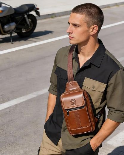 RAINBOW HORSE Brown Leather Chest Bag - Men's Genuine Leather Shoulder Pouch with Dual Front Pockets, Stylish Crossbody Sling for Travel & Work