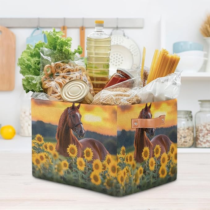 Animal Horse Sunflower Square Storage Basket Bin Canvas Fabric Compressible Organizer Basket with Handle for Bedroom Nursery Office, 1PCS