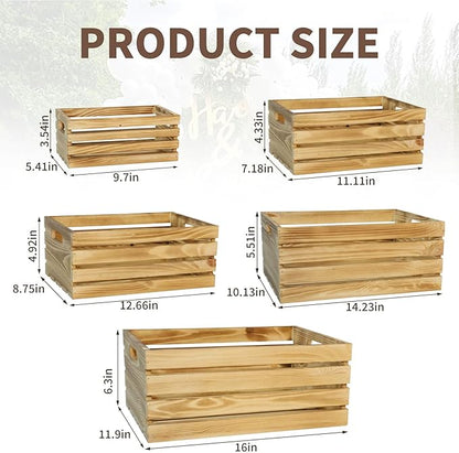Wooden Crates for Display Large Rustic Nesting Wooden Basket with Handle, Farmhouse Wood Crate for Storage and Container, 5 Size Multipurpose Wood Basket for Fruits Vegetables Boxes XL