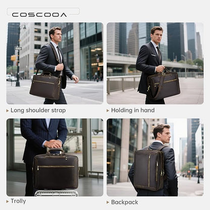Large Full Grain Leather Briefcase Convertible Backpack For Men Business Travel Case Messenger Bag Fits 17.3" Laptop