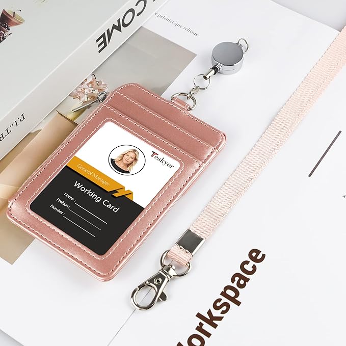 Teskyer Leather Badge Holder with Lanyard and Retractable Badge Reel, 4 Card Slots ID Card Holder with 1 Zipper Pocket for Office School Name Work IDs, Rose Gold