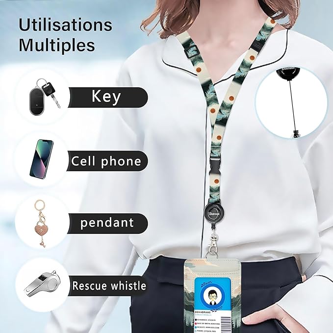bolimoss Mountain Lanyards for ID Badges, Landscape PU Leather Badge Holder with Detachable Neck Lanyard Strap, Adjustable Retractable Badge Holder with Swivel Metal Clasp, Name Tag Holder for Teacher