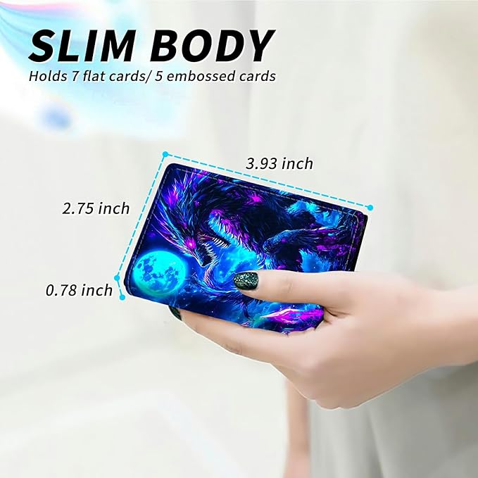 Minimalist Wallet for Men's Card Holders, Pop-Up Card Case Durable Wallets for Women, Leather Automatic Credit Card Holder with Metal Money Clip RFID Blocking Bifold Pocket, Blue Moon Dragon