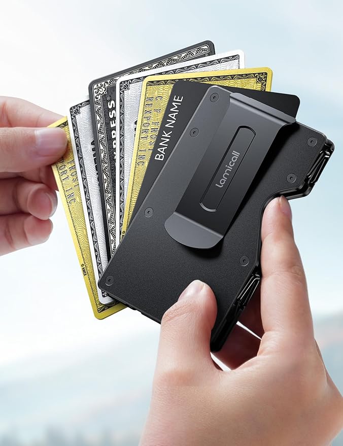 Lamicall Minimalist Carbon Fiber Wallet - Slim Metal RFID Blocking Card Holder with Mechanical Hinge (No Elastic) - Holds 15-20 Cards, Front Pocket EDC Gear for Men, Gift for Men, Metal Black