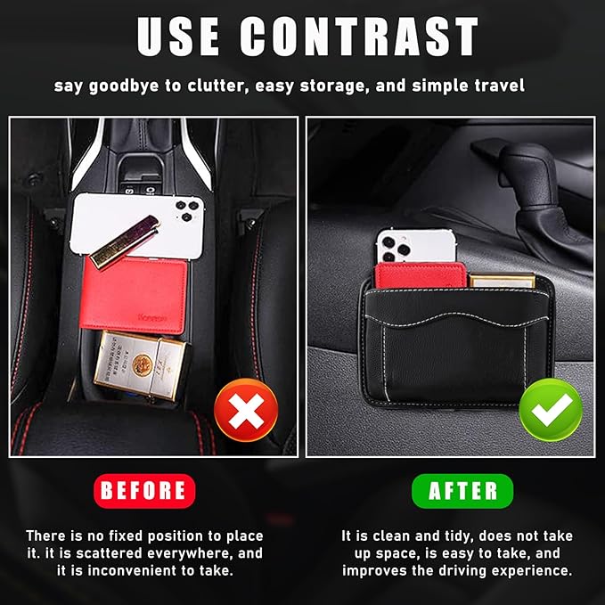 povtii 2 PCS Car Seat Side Pocket Organizer, PU Leather Cell Phone Sunglasses Storage Pocket, Mini Seat Gap Filler Pouch for Auto Seat Door Window Console, Interior Car Accessories (Black)