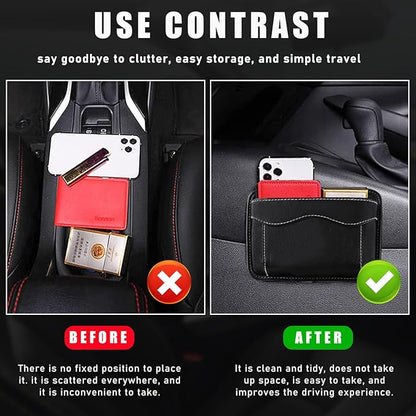 povtii 2 PCS Car Seat Side Pocket Organizer, PU Leather Cell Phone Sunglasses Storage Pocket, Mini Seat Gap Filler Pouch for Auto Seat Door Window Console, Interior Car Accessories (Black)