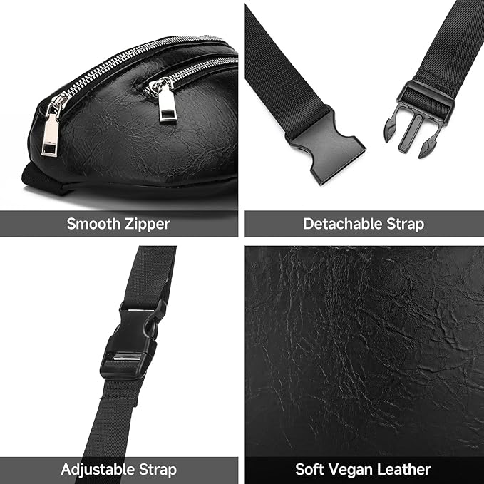 GAEKEAO Fanny Packs Waist Pack for Women Men Vegan Leather Cross body Belt Bag Travel with Adjustable Strap Black