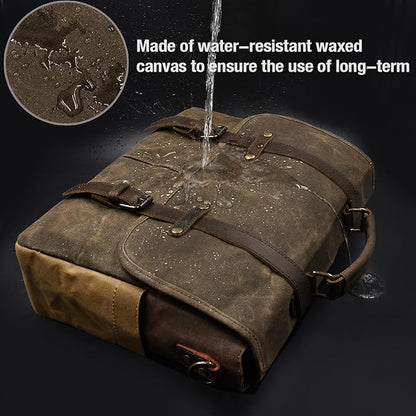 Mens Messenger Bag 15.6 Inch Waterproof Vintage Genuine Leather Waxed Canvas Briefcase Large Leather Computer Laptop Bag Rugged Satchel Shoulder Bag, Coffee