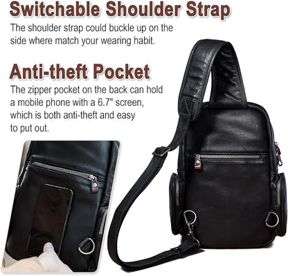 Genuine Leather Sling Bag for Men Large Crossbody Shoulder Bag Casual Sling Backpack Anti-Theft Travel Chest Purse