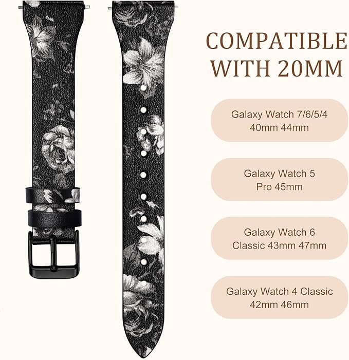 GEAK Slim Leather Band Compatible with Galaxy Watch 7 Band/6 5 4 FE 40mm 44mm/5 pro 45mm/Classic/Galaxy Active 2, 20mm Genuine Leather Strap with Quick Release Buckle for Samsung Watch Bands Women