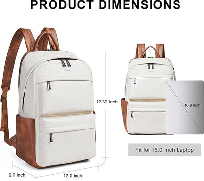 Vegan Leather Backpack for Women and Men, Fits 16.0 Inch Laptop, Multi-Pocket Design with Water Bottle and Luggage Strap, Ideal for Work, Travel, and Daily Use, Beige
