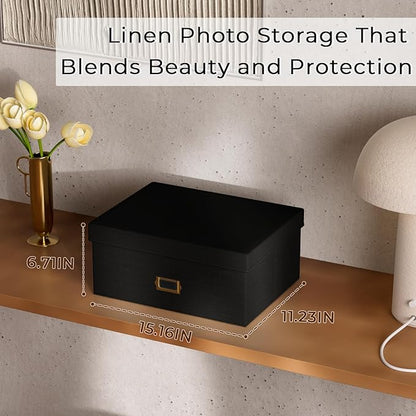 Decorative Photo Storage Box - Linen Photo Box Organizer with Dividers, Fits Holds Up to 1700 Pictures and 5x7 Photos, Memory Keepsake Organizer for Photos, Scrapbook Supplies, Cards, Stamps (Black)