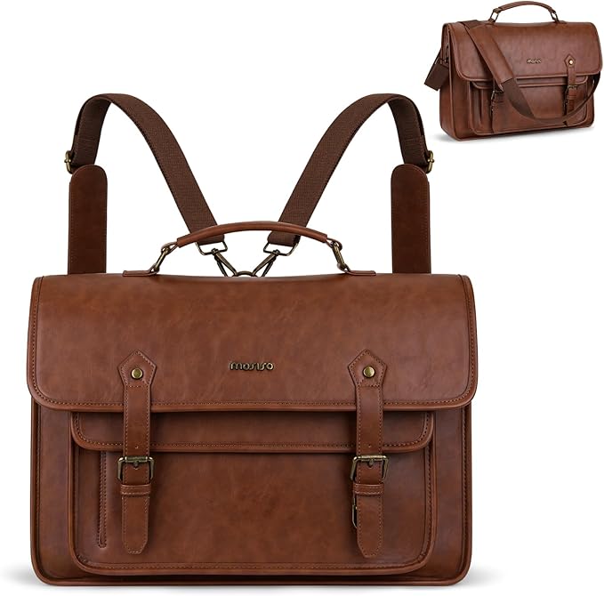 MOSISO 3 in 1 Laptop Bag, 15.6 inch PU Leather Shoulder Bag Briefcase Messenger Satchel Laptop Backpack, 15-16 inch Computer Bags Handbag Bookbag, Brown