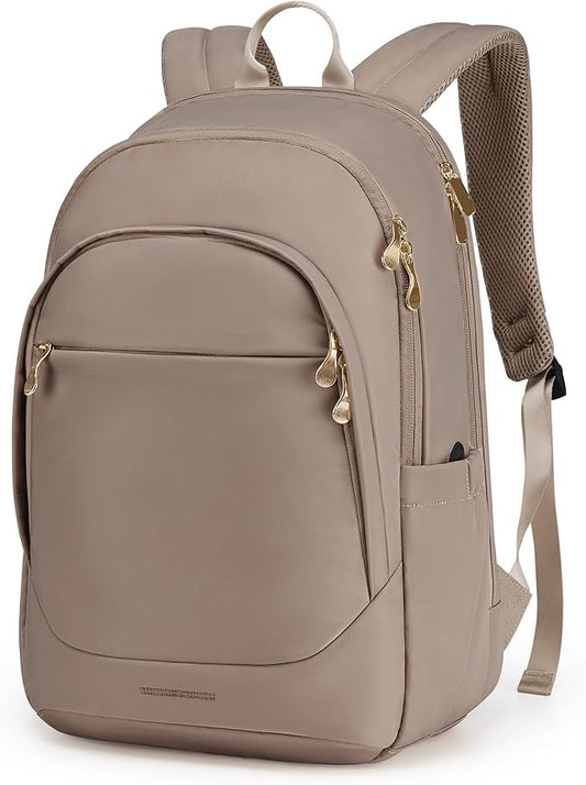 LIGHT FLIGHT Travel Laptop Backpack Women, 17.3 Inch Laptop Backpack with USB Charging Hole, Water Resistant College Bookbag, Black Computer Backpacks for Work, champagne