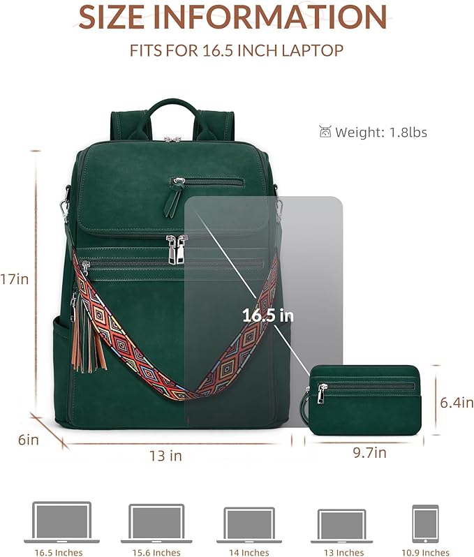 SYTRAH Leather Laptop Backpack for Women Designer Laptop Bag, 16.5 inch Travel Computer Backpacks Purse with Tassel for Work Business with Satchel Purse Green