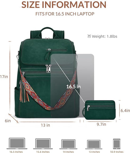 SYTRAH Leather Laptop Backpack for Women Designer Laptop Bag, 16.5 inch Travel Computer Backpacks Purse with Tassel for Work Business with Satchel Purse Green