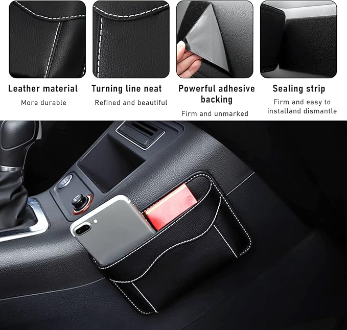 povtii Car Seat Side Pocket Organizer, PU Leather Cell Phone Sunglasses Storage Pocket, Mini Seat Gap Filler Pouch for Auto Seat Door Window Console, Interior Car Accessories (Black)
