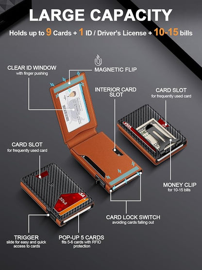 Wallet for Men, Slim Minimalist Wallet with Money Clip＆ID Window, RFID Blocking Pop-Up Credit Card Holder, Smart Auminum Mens Wallet Holds 9-13 Cards (Gift Box) (Carbon Fiber & Orange)