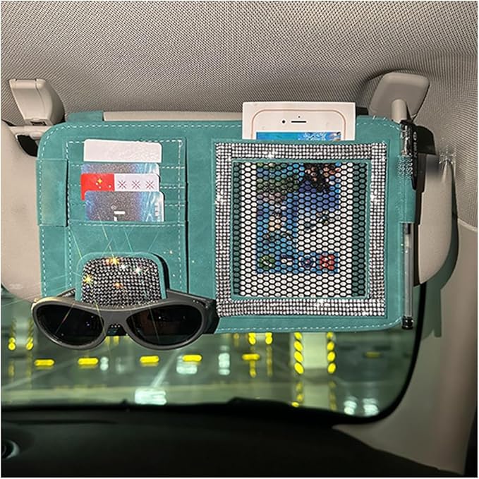 BESULEN Bling Car Sun Visor Organizer, Multi-Pocket Crystal Rhinestone Leather Vehicle Sunvisor Storage Pouch, Sparkling Diamond Auto Sunshade Eyeglasses Card Pen Holder, Universal Fit (Blue)