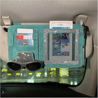 BESULEN Bling Car Sun Visor Organizer, Multi-Pocket Crystal Rhinestone Leather Vehicle Sunvisor Storage Pouch, Sparkling Diamond Auto Sunshade Eyeglasses Card Pen Holder, Universal Fit (Blue)